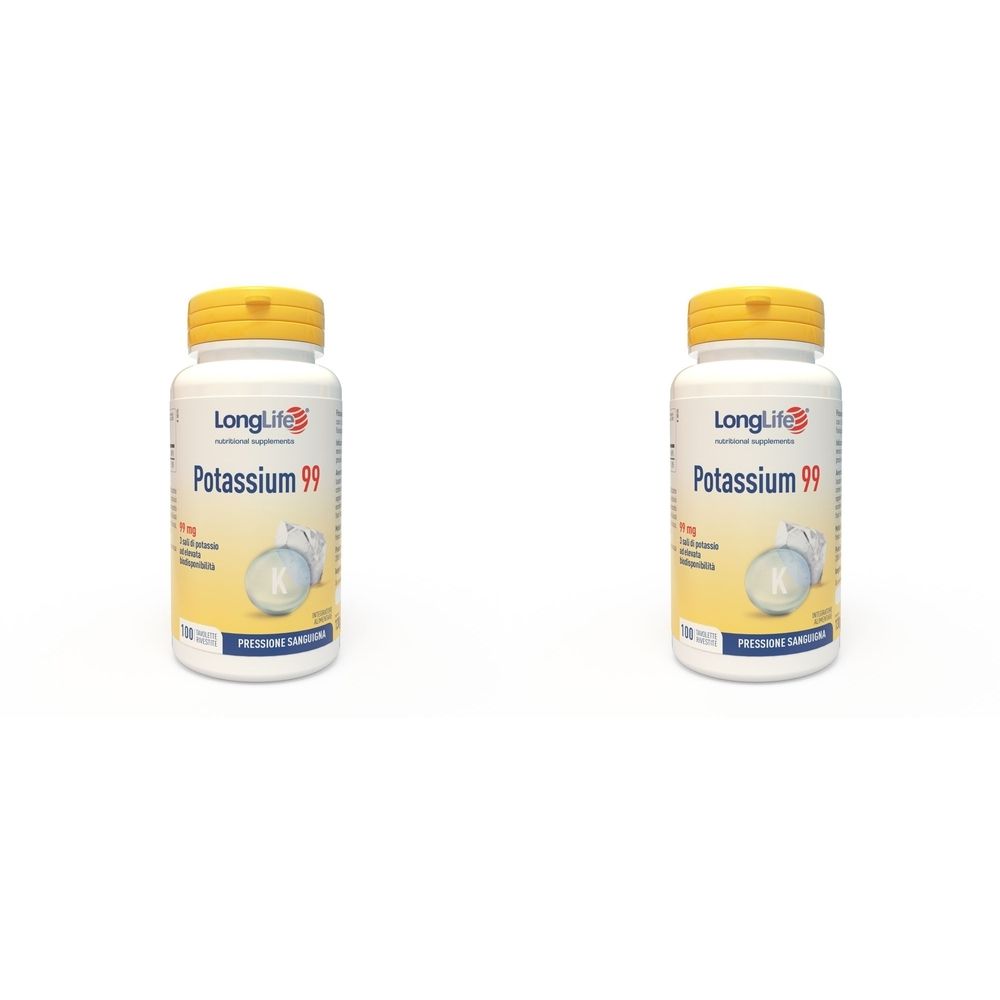 Due flaconi bianchi con tappi gialli. Scritta: LongLife Potassium 99. Ulteriori informazioni sull'etichetta gialla.
