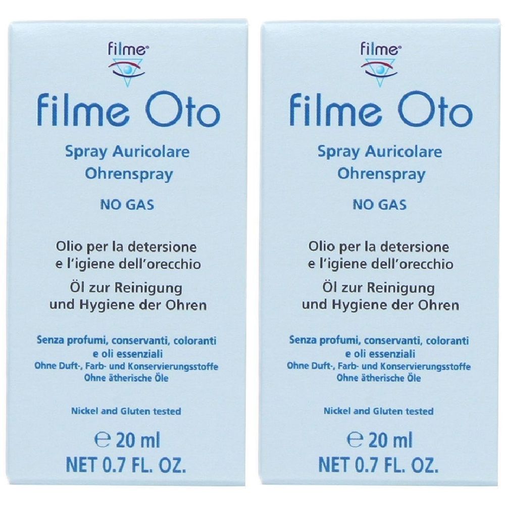 Due confezioni di spray auricolare Filme Oto. Confezione blu con nome e testo del prodotto. Contiene 20 ml.