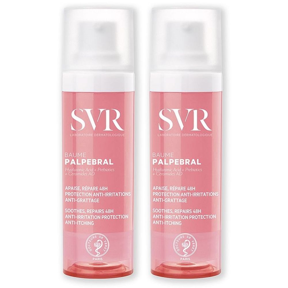 Due flaconi rosa con tappi bianchi. Scritta SVR, Baume Palpebral. Testo: Apaise, Répare 48H, Protection Anti-Irritations, Anti-Grattage.