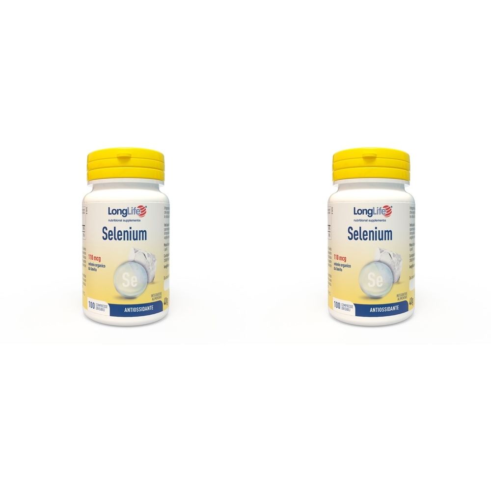 Due flaconi bianchi con tappi gialli. Scritta: LongLife Selenium. Ogni flacone ha un'etichetta con informazioni sul prodotto.