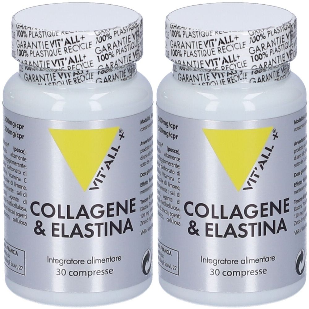 Due flaconi bianchi con etichette. Scritta: Collagene & Elastina. Triangolo giallo con logo. 30 compresse.
