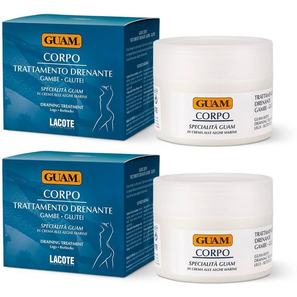 Due set GUAM® Trattamento Drenante. Ogni set include una scatola blu e un vasetto di crema bianco. Testo: GUAM, CORPO, Trattamento Drenante.