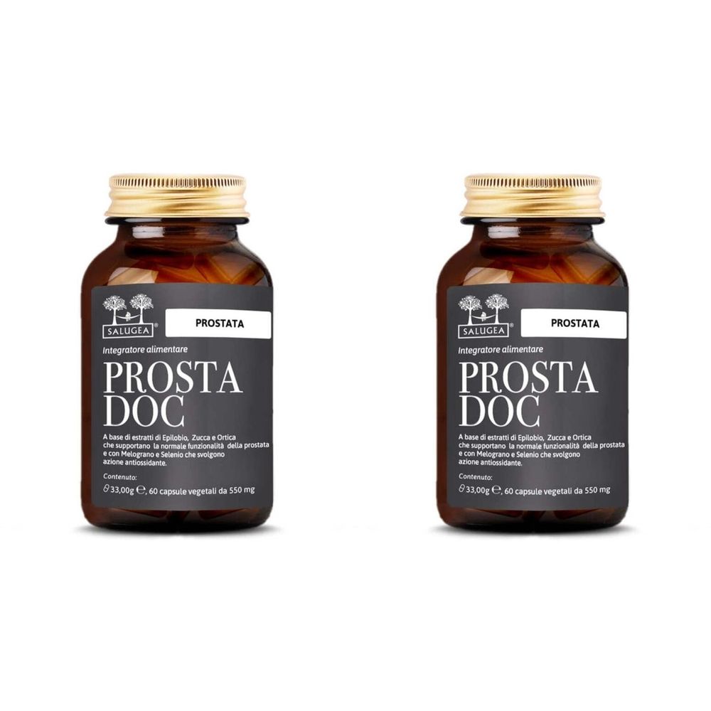 Due bottiglie di vetro marrone con tappi dorati. Le etichette riportano "PROSTA DOC" e "PROSTATA".