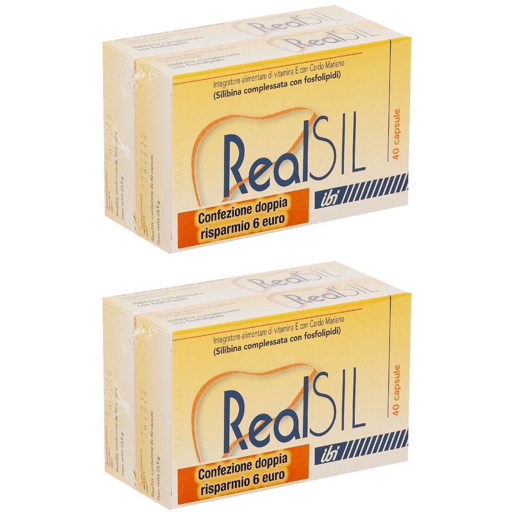 Due confezioni RealSIL. Scritta: Confezione doppia risparmio 6 euro. Contiene 40 capsule. Design giallo e bianco.