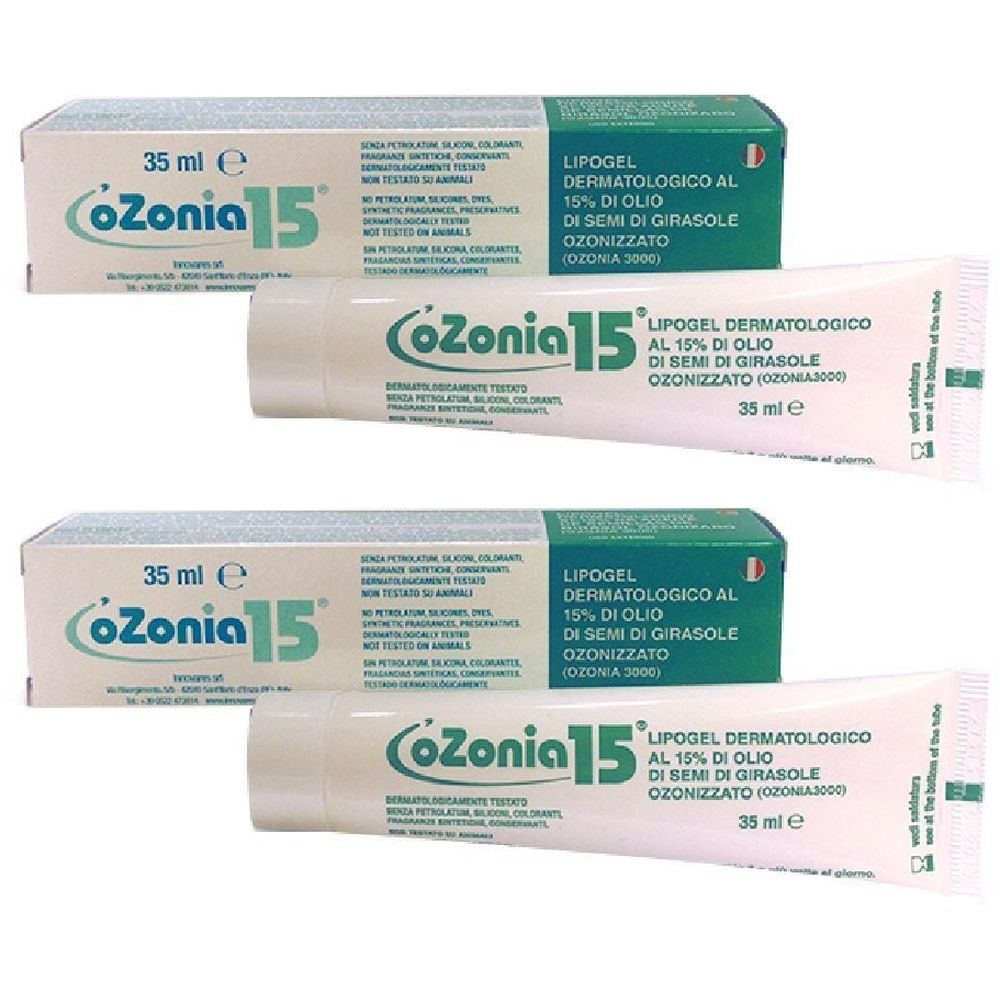 Tre tubi e due scatole di Ozonia 15 Lipogel. Scritta: Lipogel dermatologico al 15% di olio di semi di girasole ozonizzato.