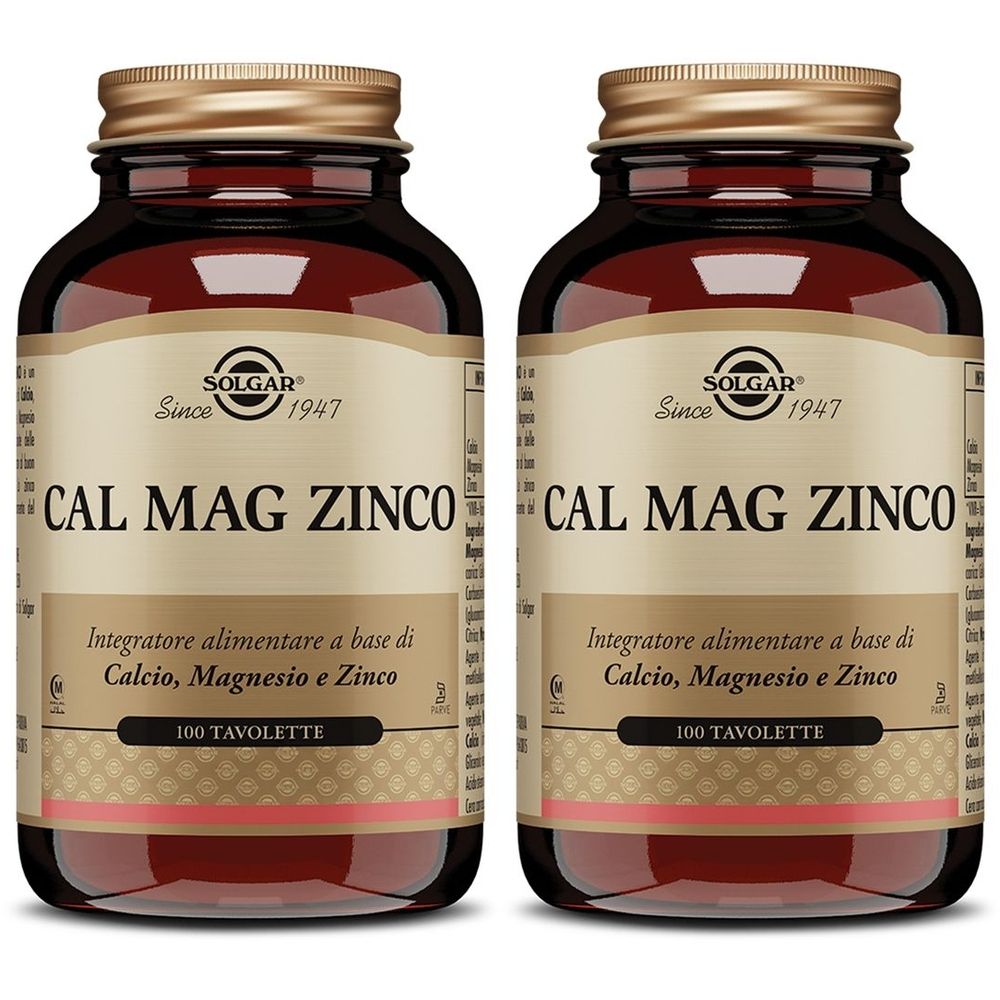 Due flaconi con etichette. Scritta: CAL MAG ZINCO. Marchio: SOLGAR. Contiene 100 compresse. Flaconi in vetro marrone, tappi dorati.