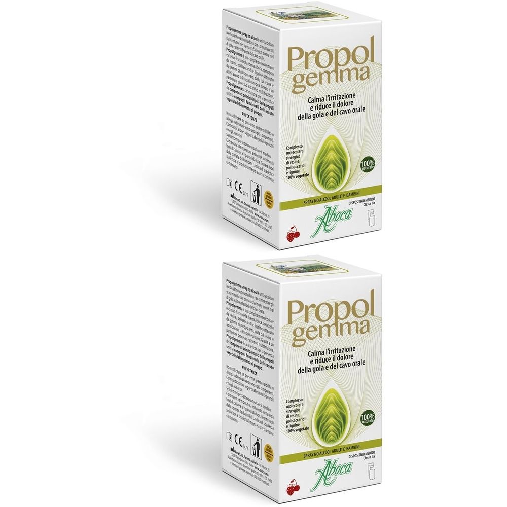 Due scatole bianche con informazioni sul prodotto. Scritta: Propol gemma. Logo Aboca. Design verde e bianco con illustrazione vegetale.