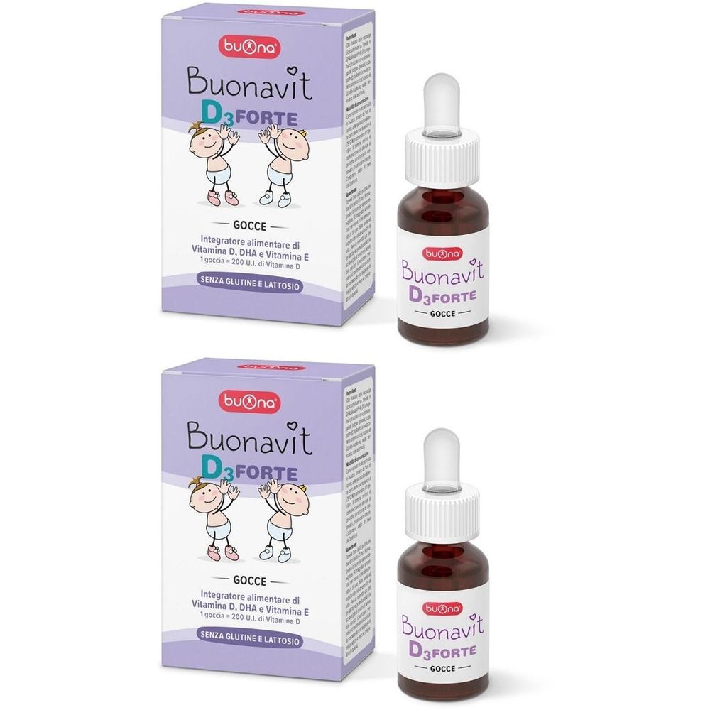 Due confezioni e flaconi Buonavit D3 Forte. Confezione viola con nome prodotto e illustrazione infantile. Flaconi contagocce.