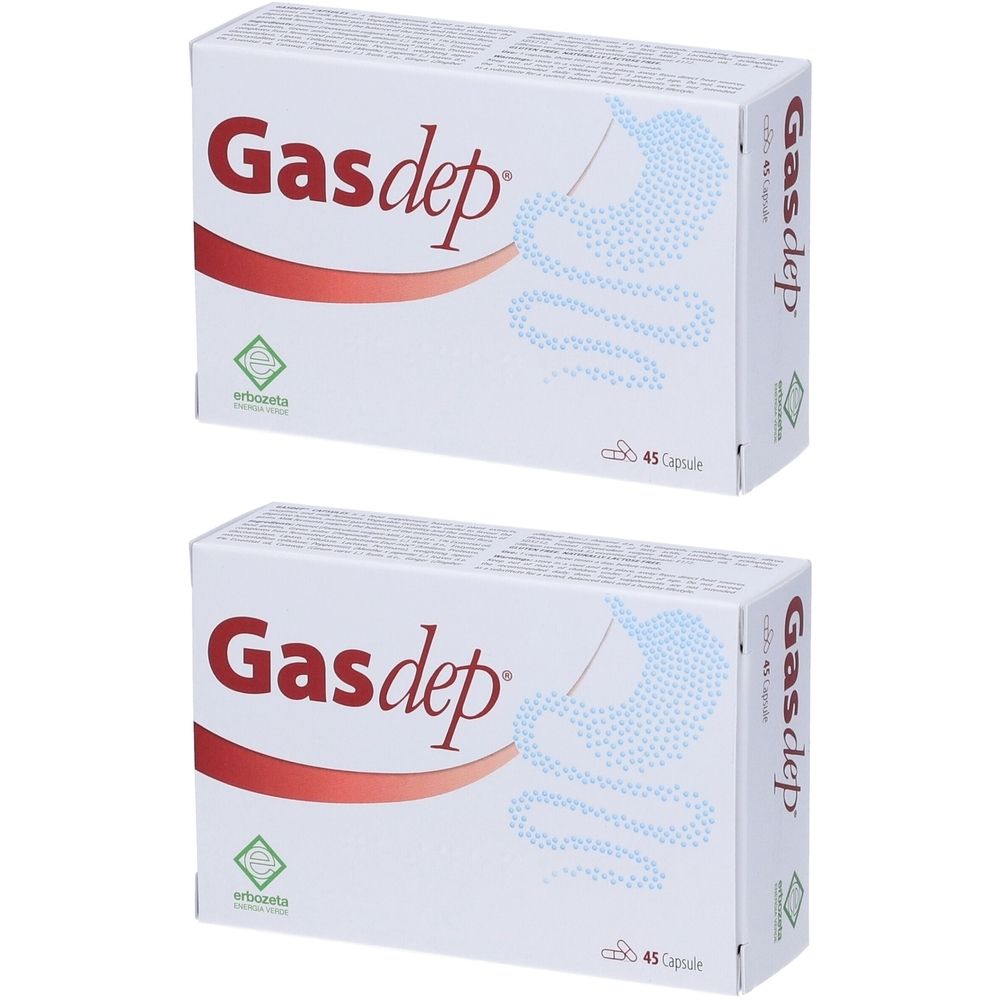 Due scatole bianche Gasdep. Illustrazione blu schematica dell'apparato digerente. Scritta 45 capsule. Logo verde. Testo in italiano.