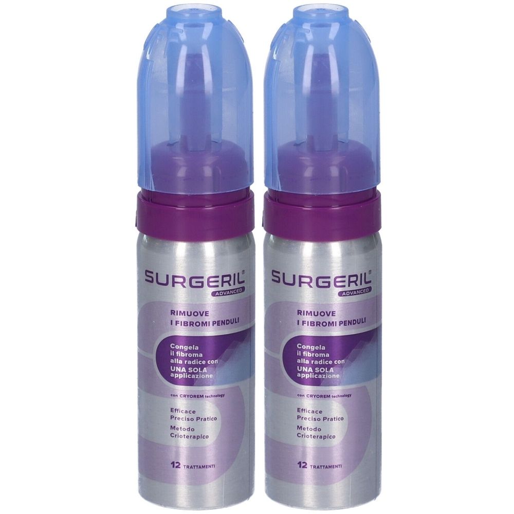 Due spray con cappucci blu. Scritta: Surgeril Advanced. Rimuove fibromi penduli. 12 trattamenti.