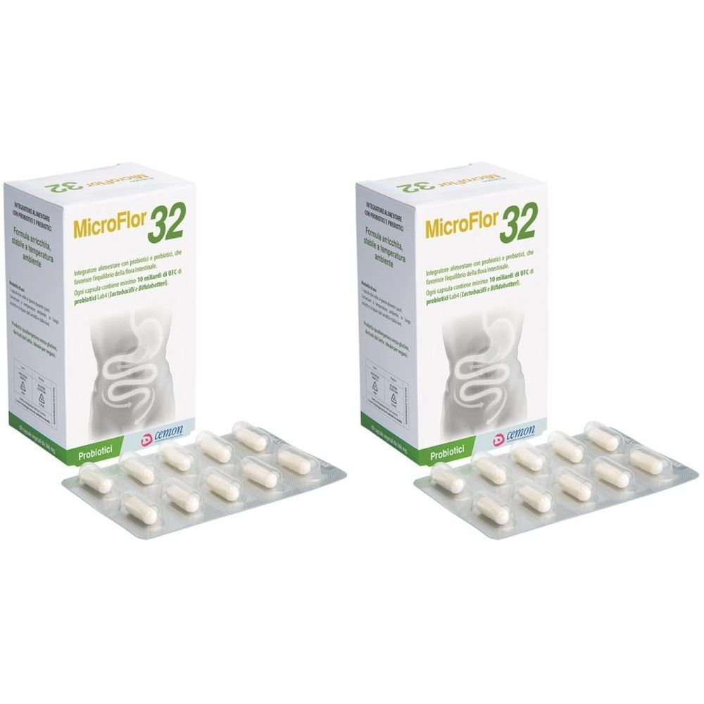 Due scatole MicroFlor 32 e blister di capsule. Le scatole presentano un'illustrazione dell'intestino.