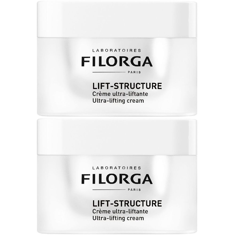 Due vasetti bianchi con coperchi. Scritta: FILORGA, LIFT-STRUCTURE, Crème ultra-liftante, Ultra-lifting cream.