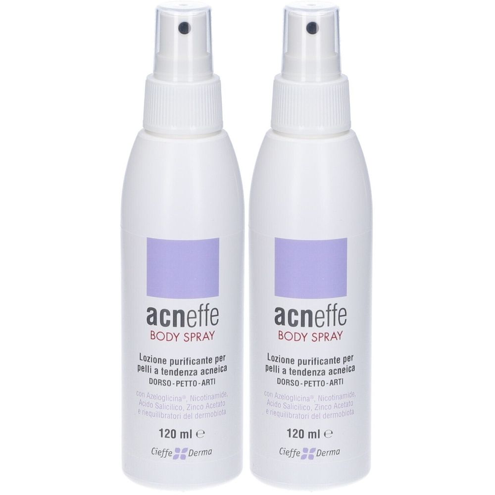 Due flaconi spray bianchi con etichette viola. Scritta: acneffe BODY SPRAY. 120 ml. Cieffe Derma.