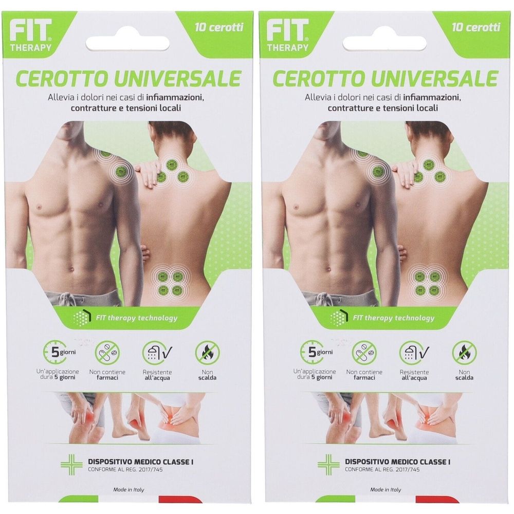 Due confezioni di cerotti. Scritta: CEROTTO UNIVERSALE. Dispositivo medico di classe I. 10 cerotti per confezione.