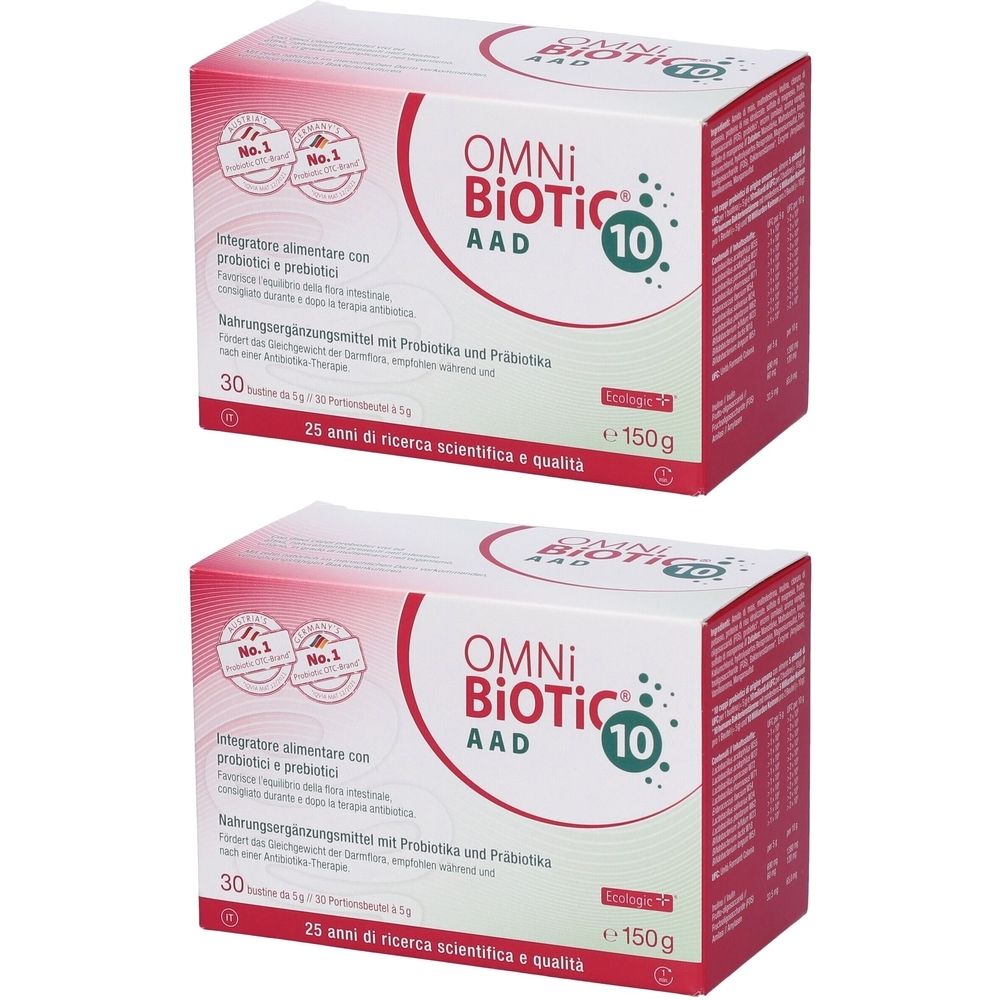 Due confezioni di Omni Biotic 10 AAD. Scatole rosse e bianche con nome e logo del prodotto. Contiene 30 bustine, 150g.