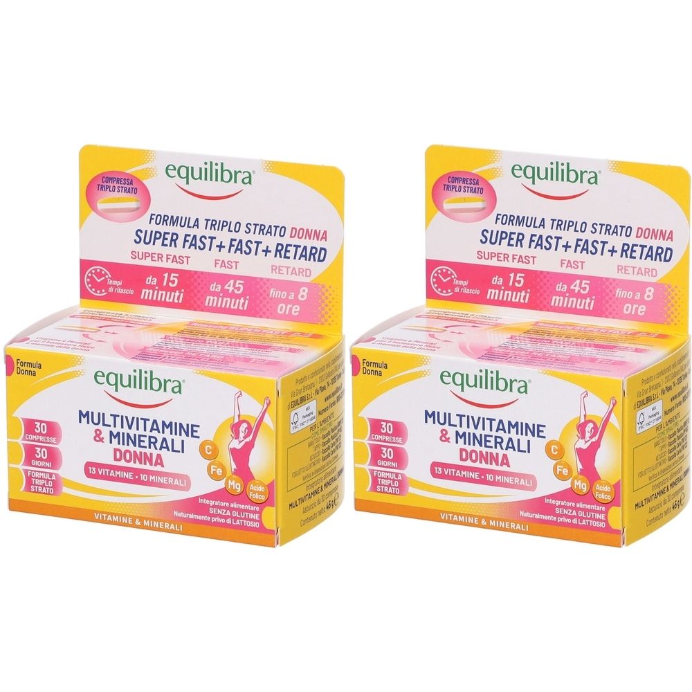 Due confezioni di integratori. Marchio Equilibra, Multivitamine & Minerali Donna. Confezioni gialle e rosa con scritte.