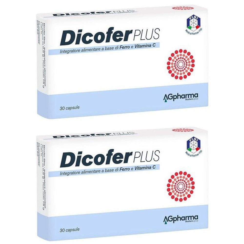 Due confezioni di Dicofer Plus. Scritta: Integratore alimentare a base di Ferro e Vitamina C. Ogni confezione contiene 30 capsule.