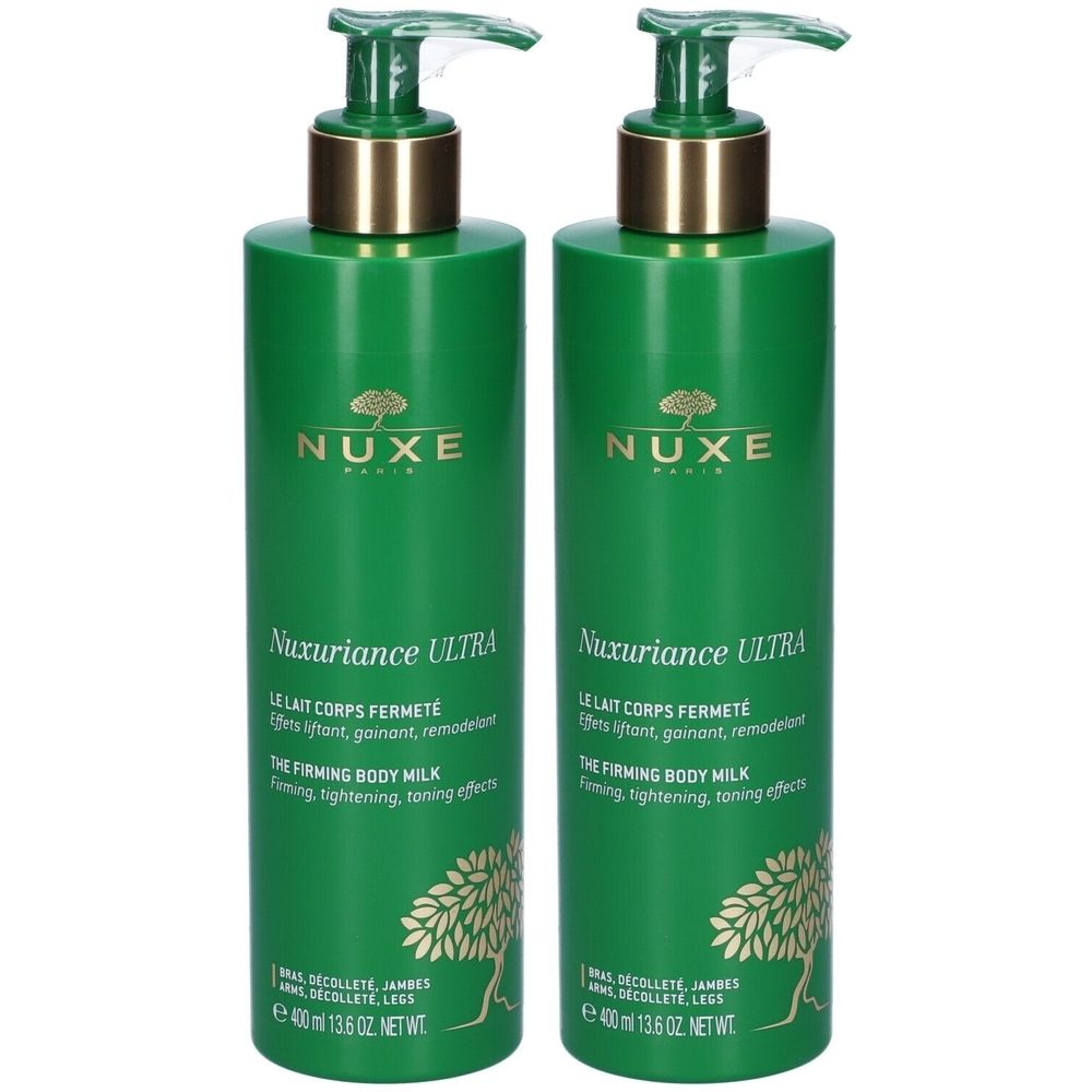 Due flaconi verdi con erogatori e colli dorati. Ogni flacone riporta le scritte "Nuxe Nuxuriance Ultra" e "The Firming Body Milk".