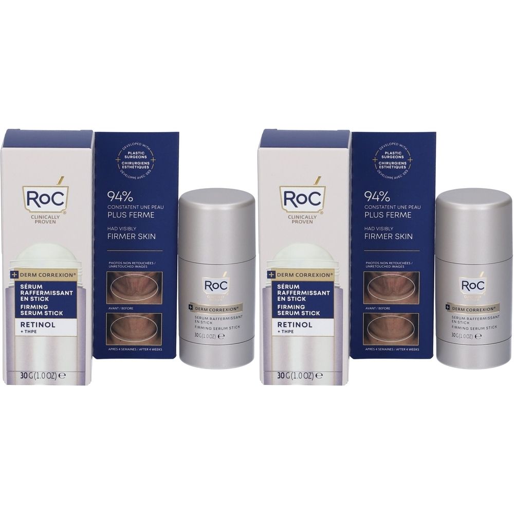 Due confezioni e due stick. Le confezioni mostrano ROC, Derm Correxion, Siero, Retinolo. Gli stick sono argentati.