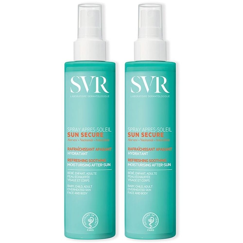 Due spray con erogatore bianco e flacone turchese. Scritta: SVR SUN SECURE, Après-Soleil, rinfrescante, idratante.