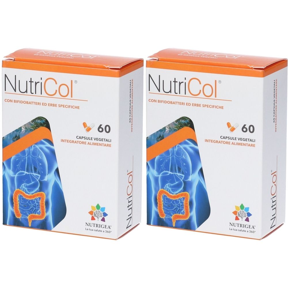Due scatole "NutriCol". Scritte: 60 capsule vegetali, integratore alimentare. Logo NUTRIGEA.