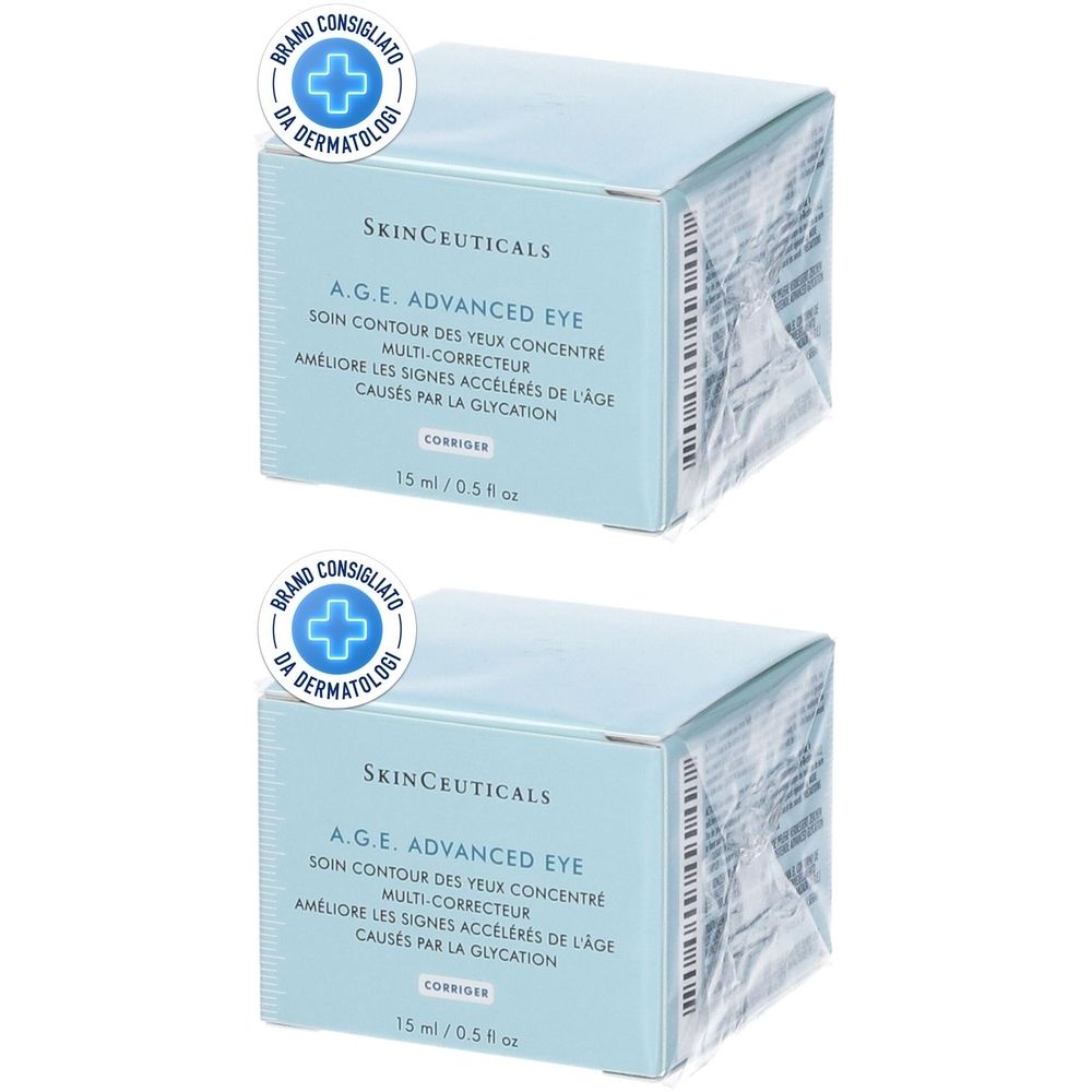 Due scatole quadrate azzurre con informazioni sul prodotto e logo SkinCeuticals. Adesivo "Brand Consigliato da Dermatologi".