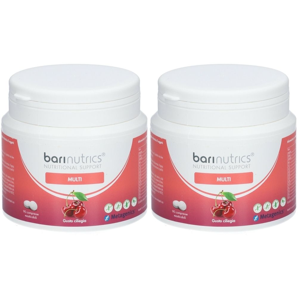 Due barattoli bianchi con etichetta rossa. Scritta: Barinutrics, Multi, Nutritional Support. Immagine di ciliegia. Logo Metagenics.