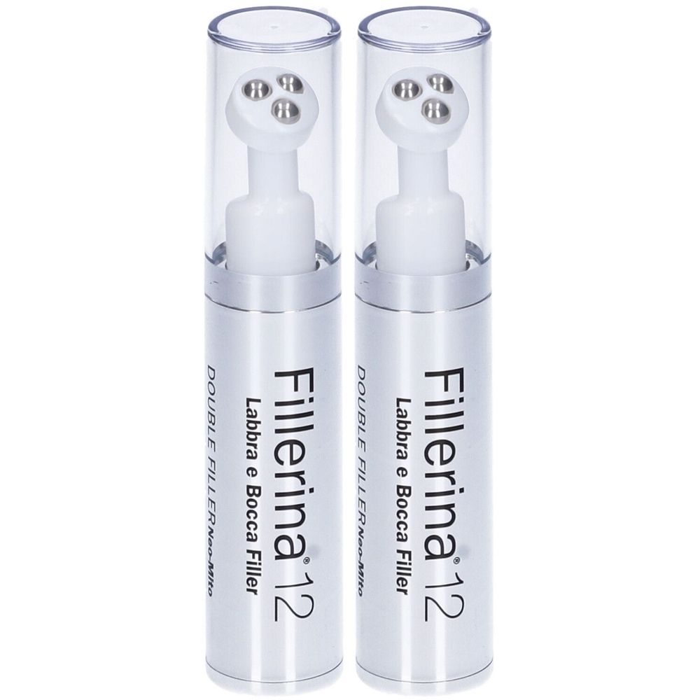 Due flaconi con applicatore massaggiante. Scritta: Fillerina 12 Double Filler Neo Mito Labbra e Bocca Filler.