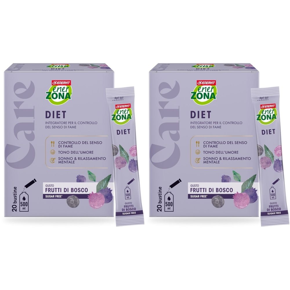 Due scatole EnerZona Care Diet, 20 bustine ciascuna. Una bustina accanto. Scritta: Diet, Frutti di Bosco.
