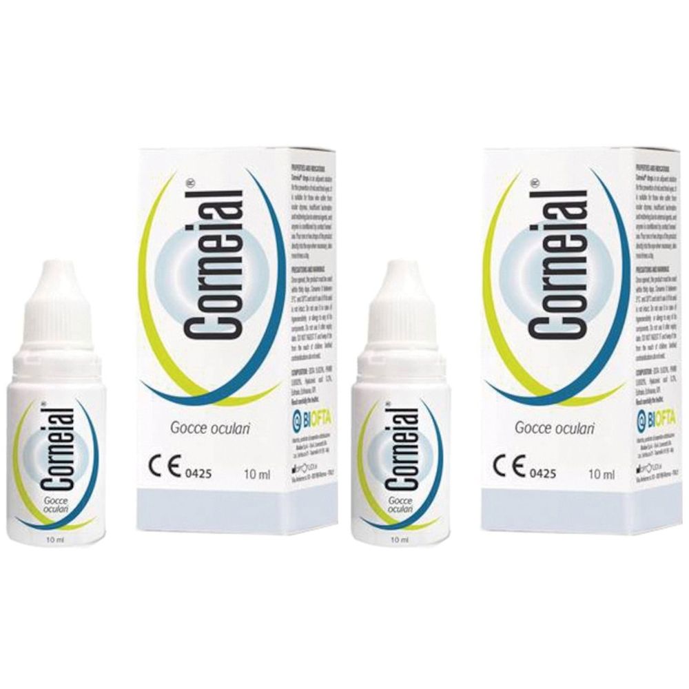 Due flaconi e due scatole con il nome del prodotto Corneial. Sui flaconi c'è scritto "Gocce oculari". Le scatole hanno il marchio CE.