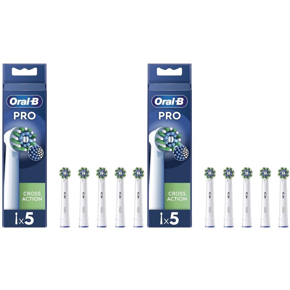 Testine per spazzolino in confezione. Oral-B Pro Cross Action. 1x5 pezzi. Confezione blu e bianca. Setole verdi e bianche.