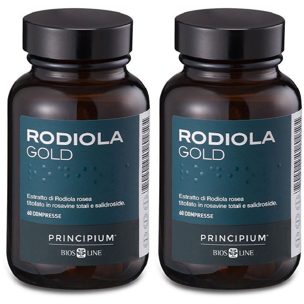 Due flaconi marroni con tappi neri. Le etichette riportano "RODIOLA GOLD", "PRINCIPIUM" e "BIOS LINE".