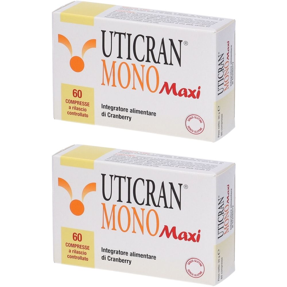 Due scatole bianche con la scritta UTICRAN MONO Maxi. Ogni scatola indica "60 COMPRESSE".