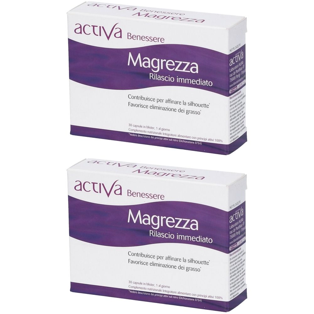 Due confezioni di Activa Benessere Magrezza. Scritta: Magrezza Rilascio immediato. Confezione viola e bianca.
