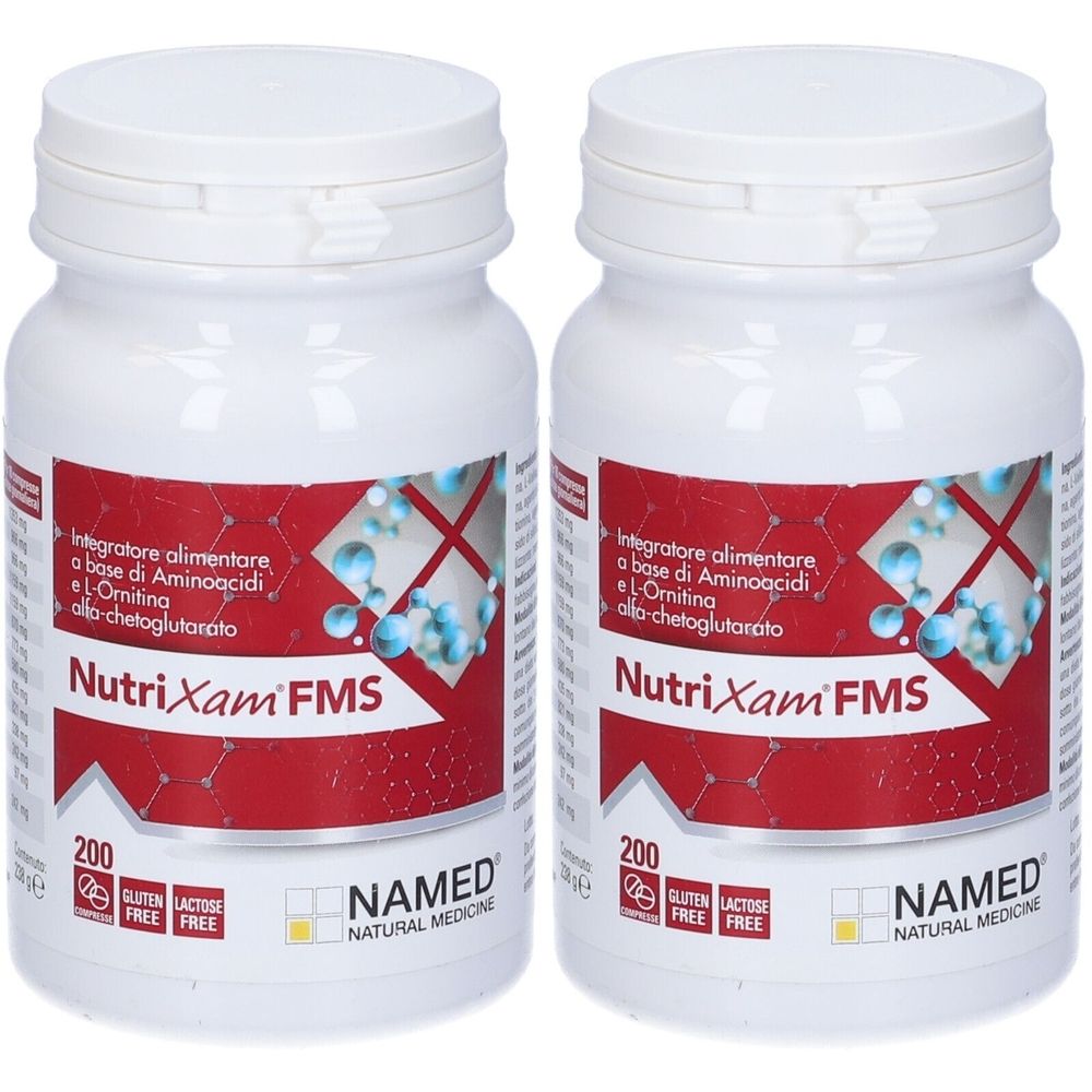 Due flaconi bianchi con tappo a vite. Scritta: NutriXam FMS, NAMED NATURAL MEDICINE. Senza glutine e senza lattosio.