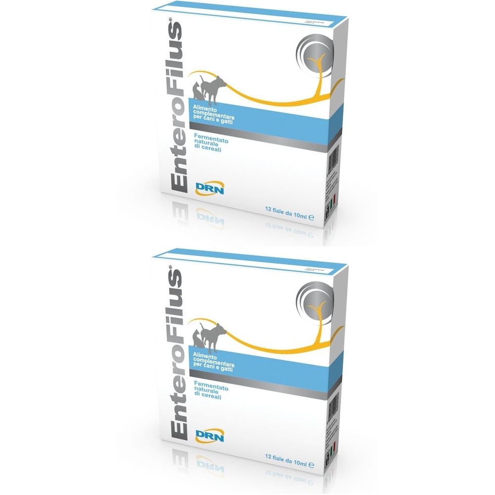 Due confezioni di EnteroFilus. Scritta: EnteroFilus, DRN, 12 fiale da 10 ml. Illustrazione di un cane.
