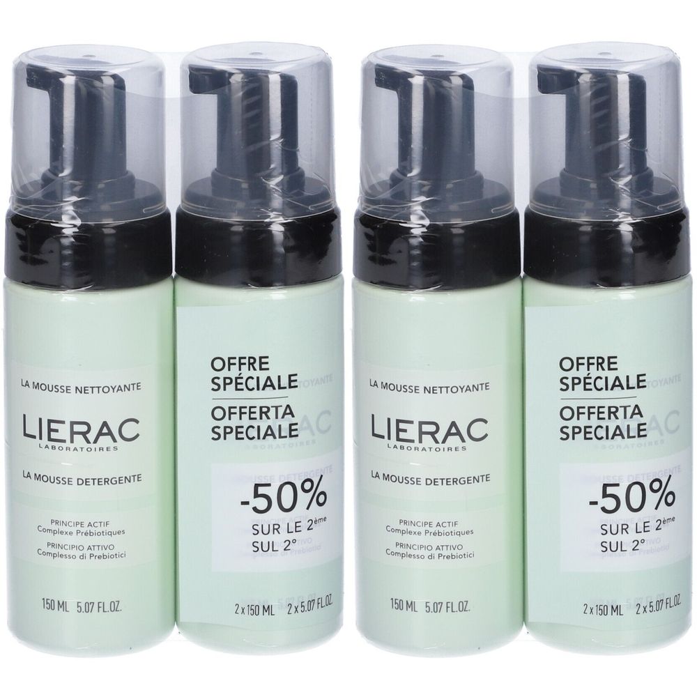 Quattro flaconi di mousse detergente Lierac, confezionati. Scritta: Offre Spéciale, -50% sul secondo prodotto. 150 ml.