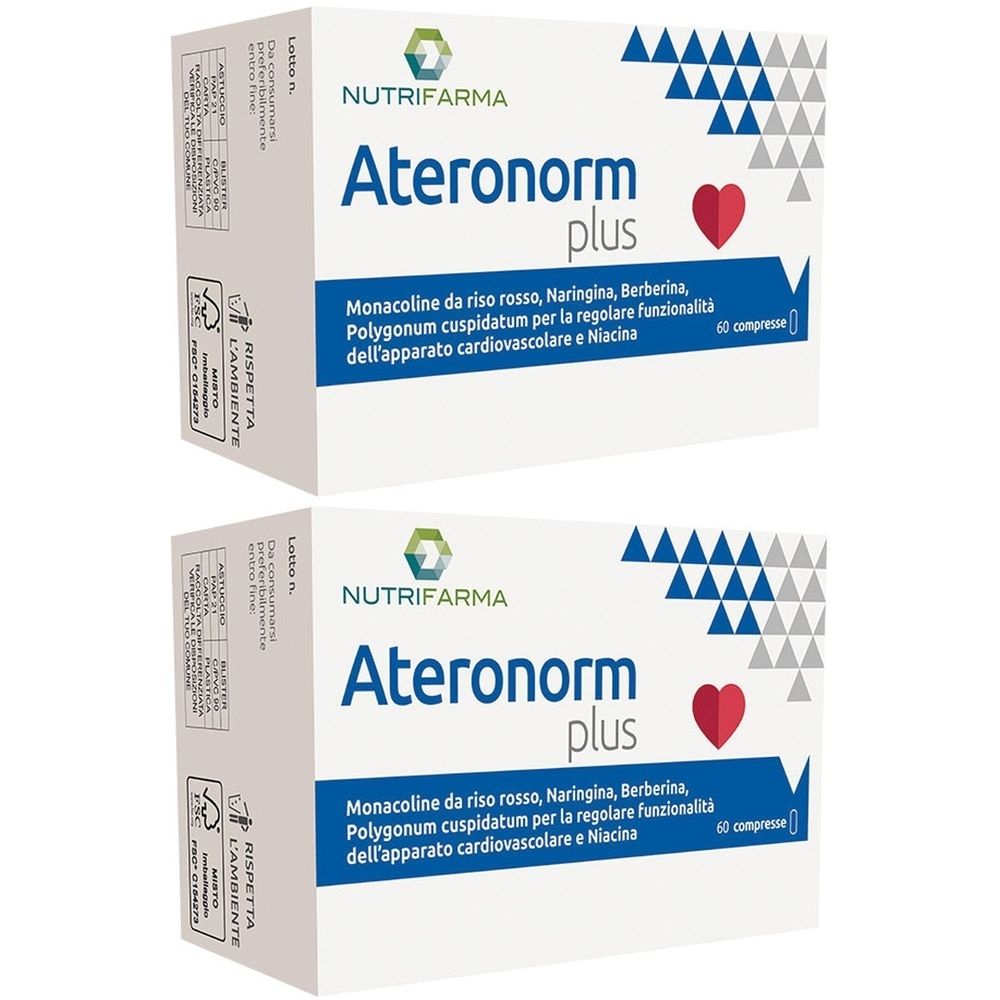 Due confezioni di Ateronorm plus. Confezione blu e bianca con cuore rosso. Testo: NUTRIFARMA, ingredienti e 60 compresse.
