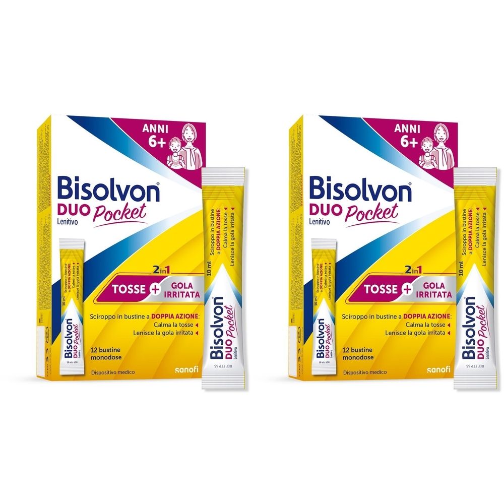 Due confezioni di Bisolvon Duo Pocket. Ogni confezione contiene una scatola e due bustine. Sulla scatola c'è scritto "ANNI 6+".