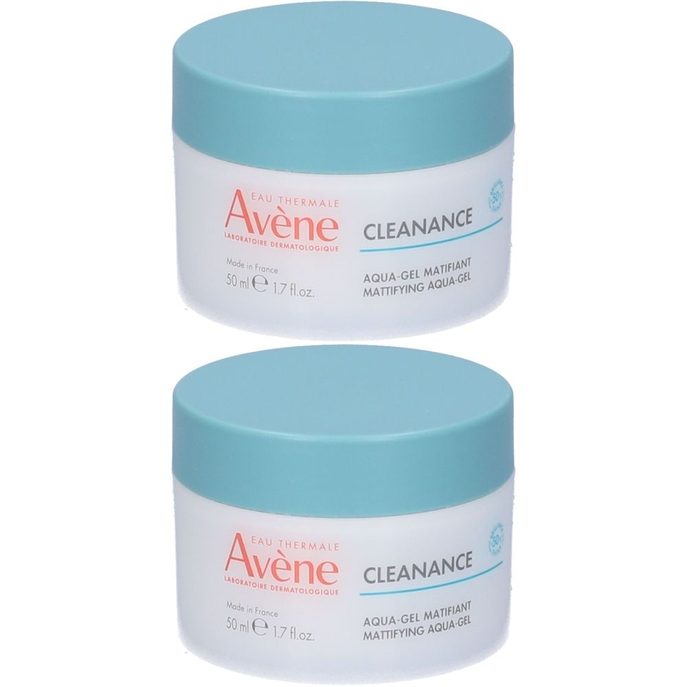 Due vasetti con coperchi blu. Scritta: Avène, Cleanance, Aqua-Gel matifiant. 50 ml.