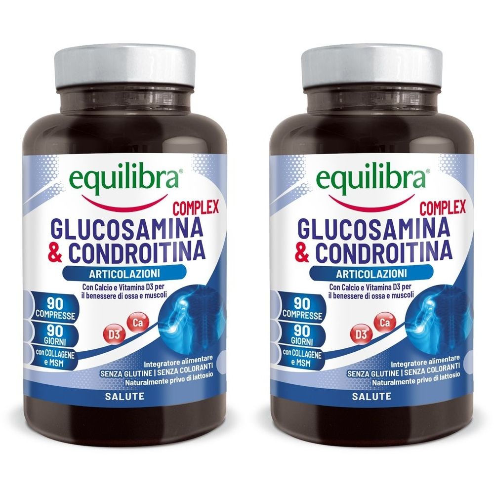 Due flaconi di capsule. Scritta: Equilibra, Glucosamina & Condroitina. Contiene 90 compresse. Con calcio e vitamina D3.