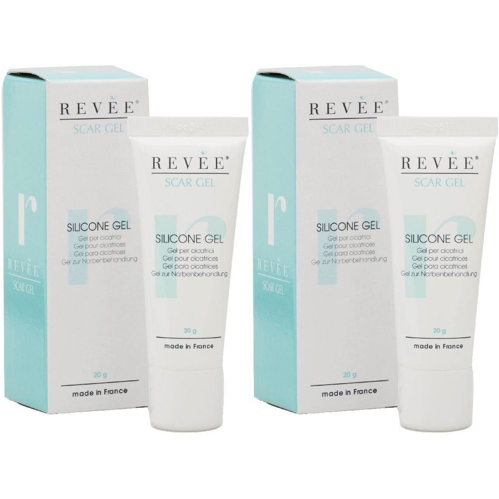 Due tubi e scatole bianche. Sui tubi e sulle scatole c'è scritto "REVEE SCAR GEL SILICONE GEL". Prodotto in Francia.