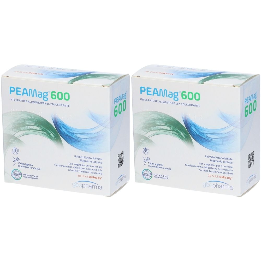 Due scatole bianche con la scritta PEAMag 600. Motivi a onde blu e verdi. Testo in italiano.