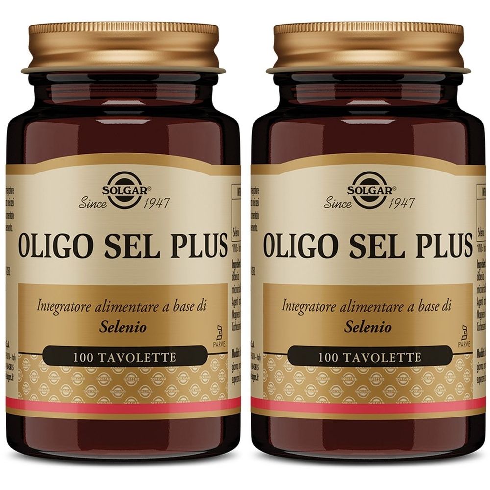 Due bottiglie di vetro marrone con tappi dorati. Le etichette riportano "SOLGAR Oligo Sel Plus" e "100 TAVOLETTE".