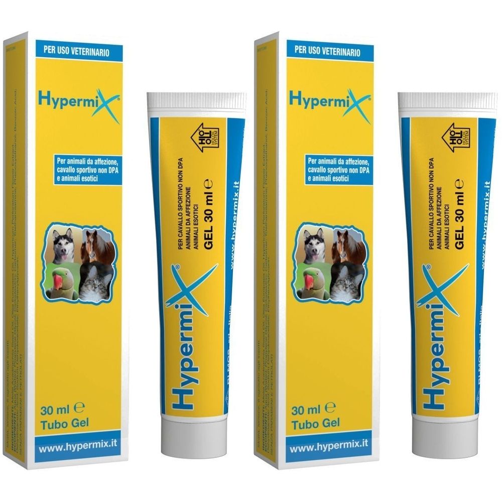Due tubi di gel e due scatole. Gel con scritte blu e gialle. Scritta: Hypermix, 30 ml, per animali.
