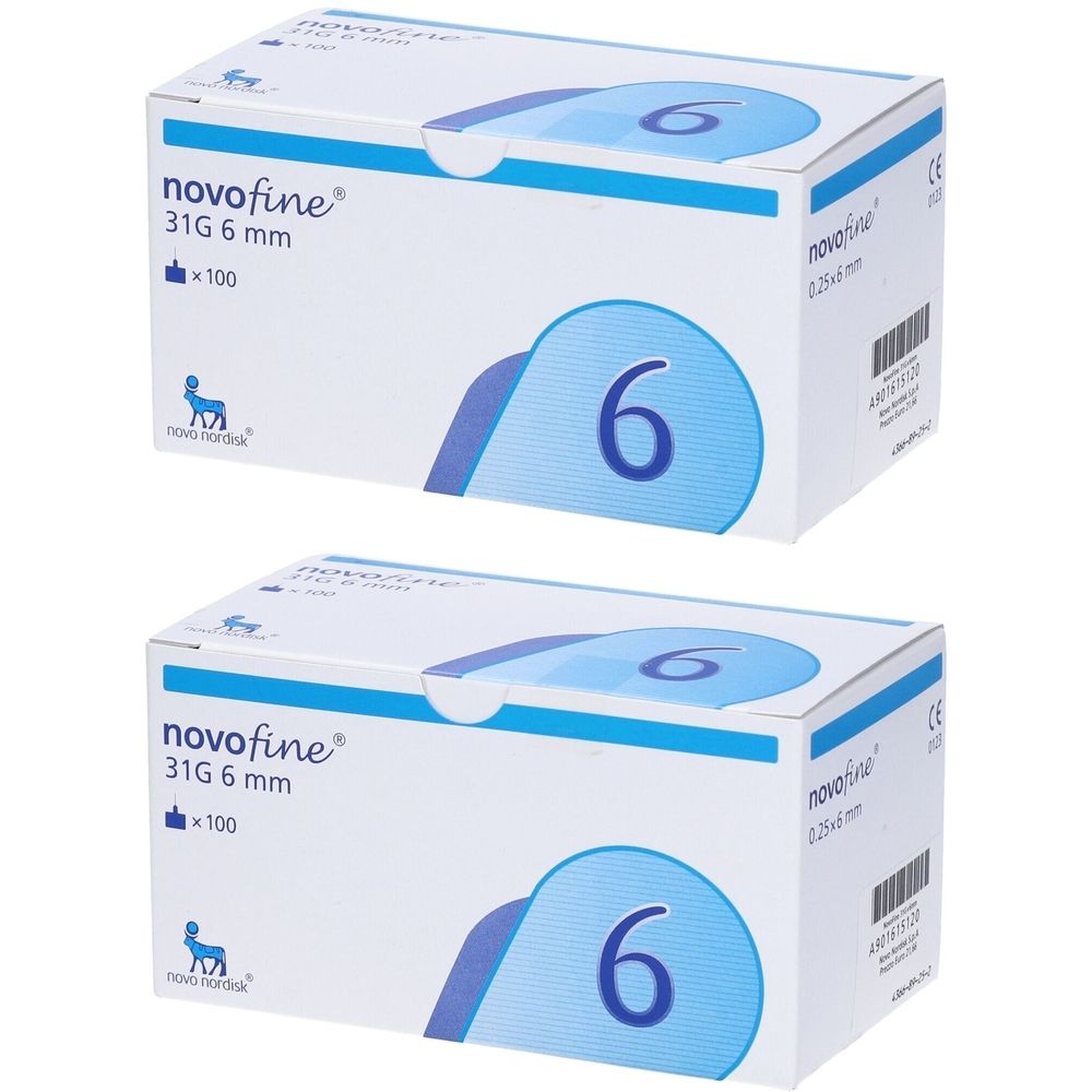 Due scatole con la scritta "novofine 31G 6 mm". Ogni scatola presenta un "6" blu. La confezione contiene 100 pezzi.