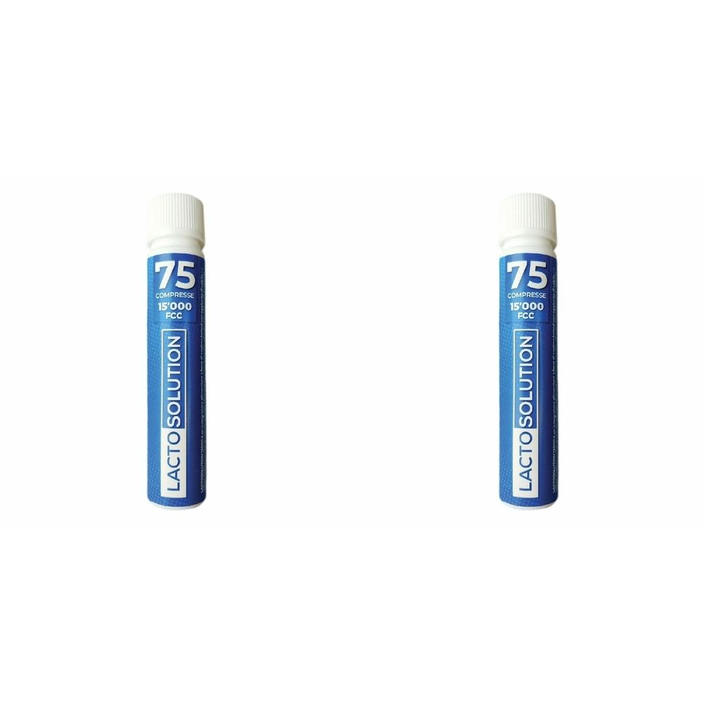 Due contenitori cilindrici blu con tappo bianco. Scritta: Lactosolution, 75 compresse, 15000 FCC.