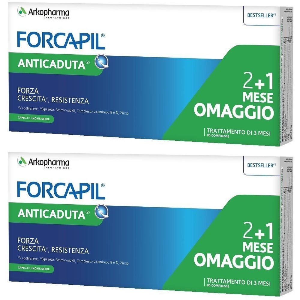Due confezioni di FORCAPIL Anticaduta. Confezione blu e bianca con accento verde. Testo: FORCAPIL, Anticaduta, 2+1 Omaggio, Bestseller.