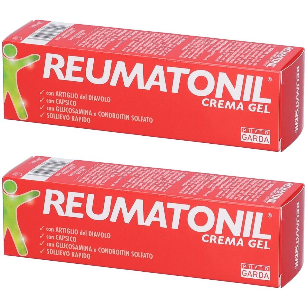 Due scatole rosse con scritta bianca REUMATONIL CREMA GEL. Scritta: Artiglio del Diavolo, Capsico, Glucosamina e Condroitin Solfato.