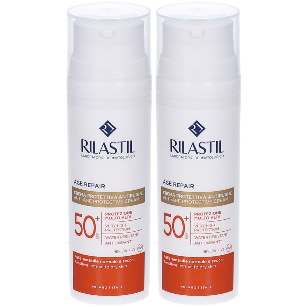 Due flaconi bianchi di crema solare Rilastil SPF50+. Scritta: Age Repair, Anti-Age Protective Cream. Protezione molto alta.